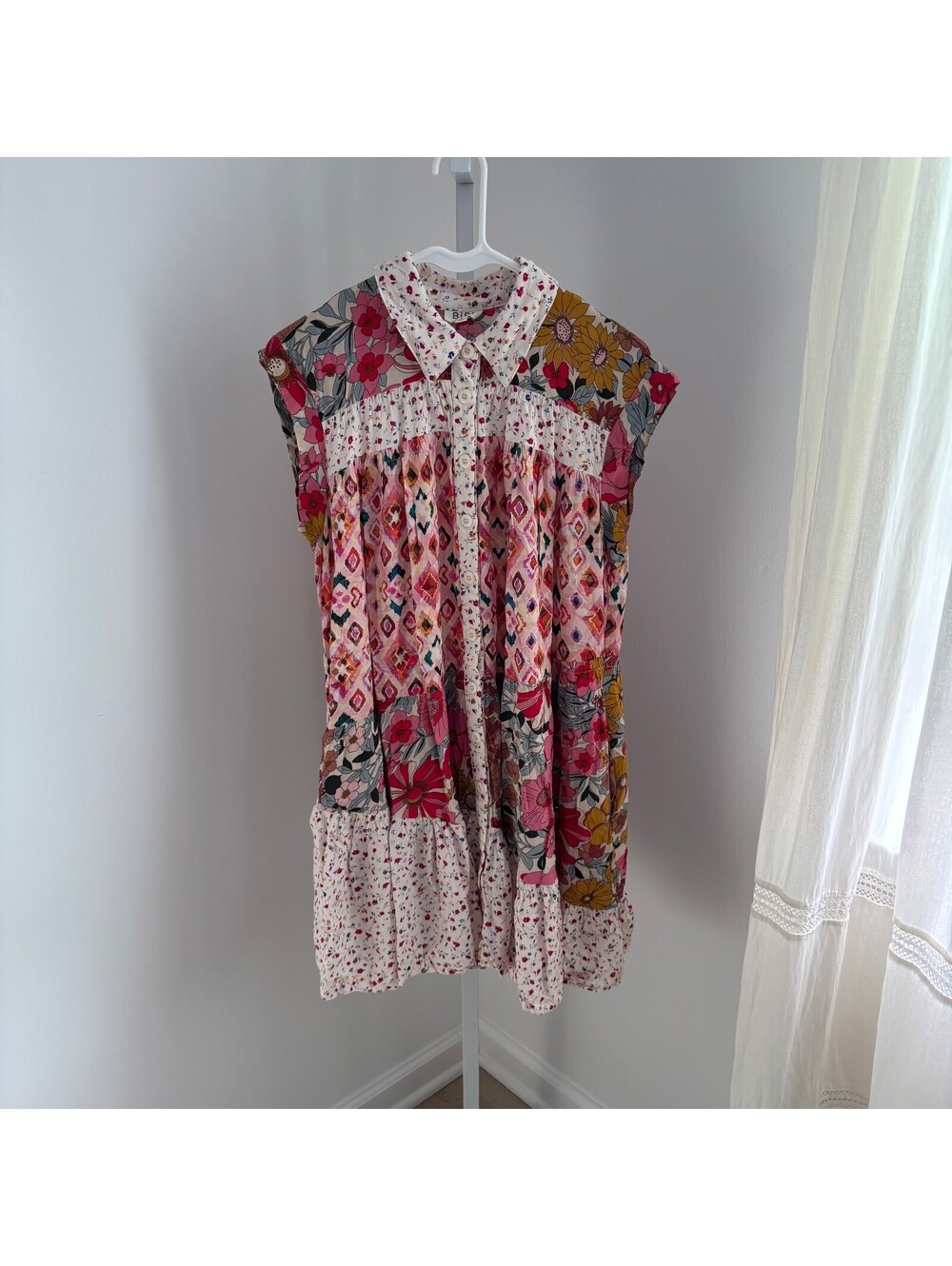 BiBi EUC Women's Mix N Match Patchwork Print Mini Dress in Rose Mix Size S